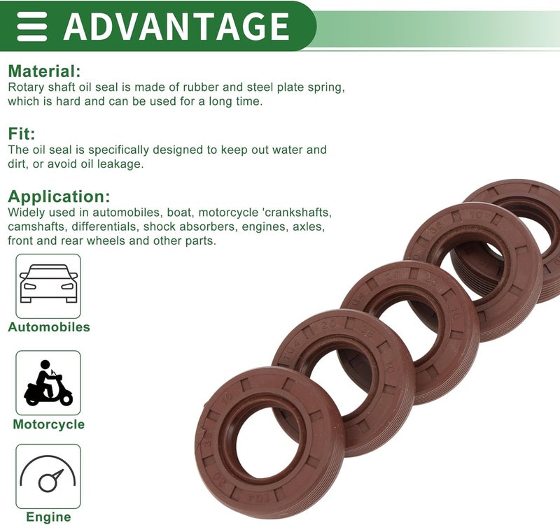 Partuto Universal Oil Seal TG4 Lip Seal Ring Rotary Shaft Seal 20x38x10mm High Pressure FKM Rubber Brown 5 Pcs - Image 4